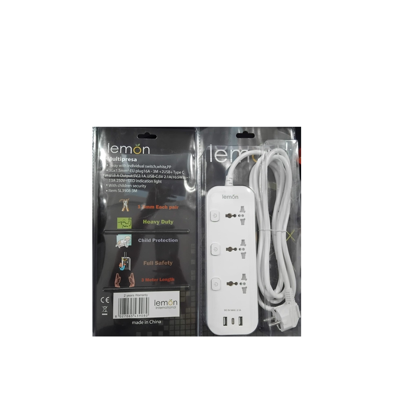 Lemon Extension Socket SL3908-3M, Eu + 2USB / Type-C